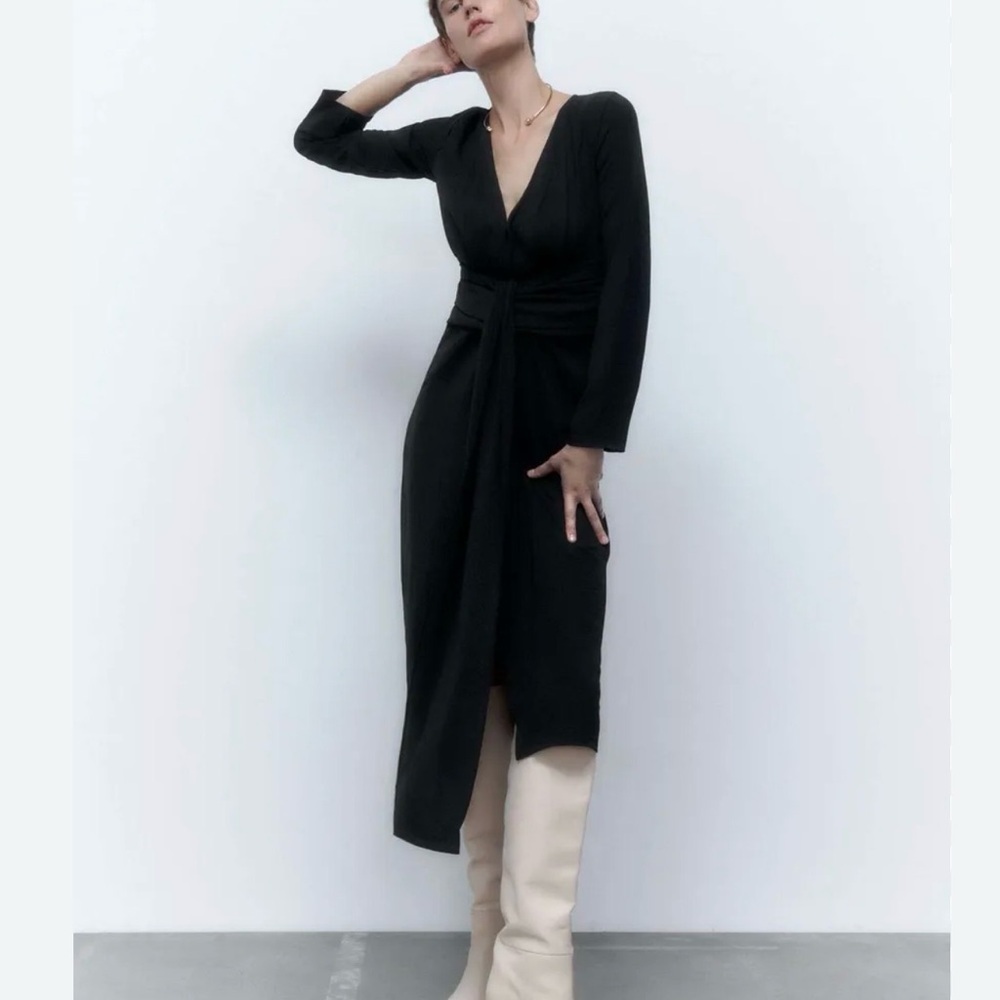 Zara Black Long-Sleeve Wrap Midi Dress
